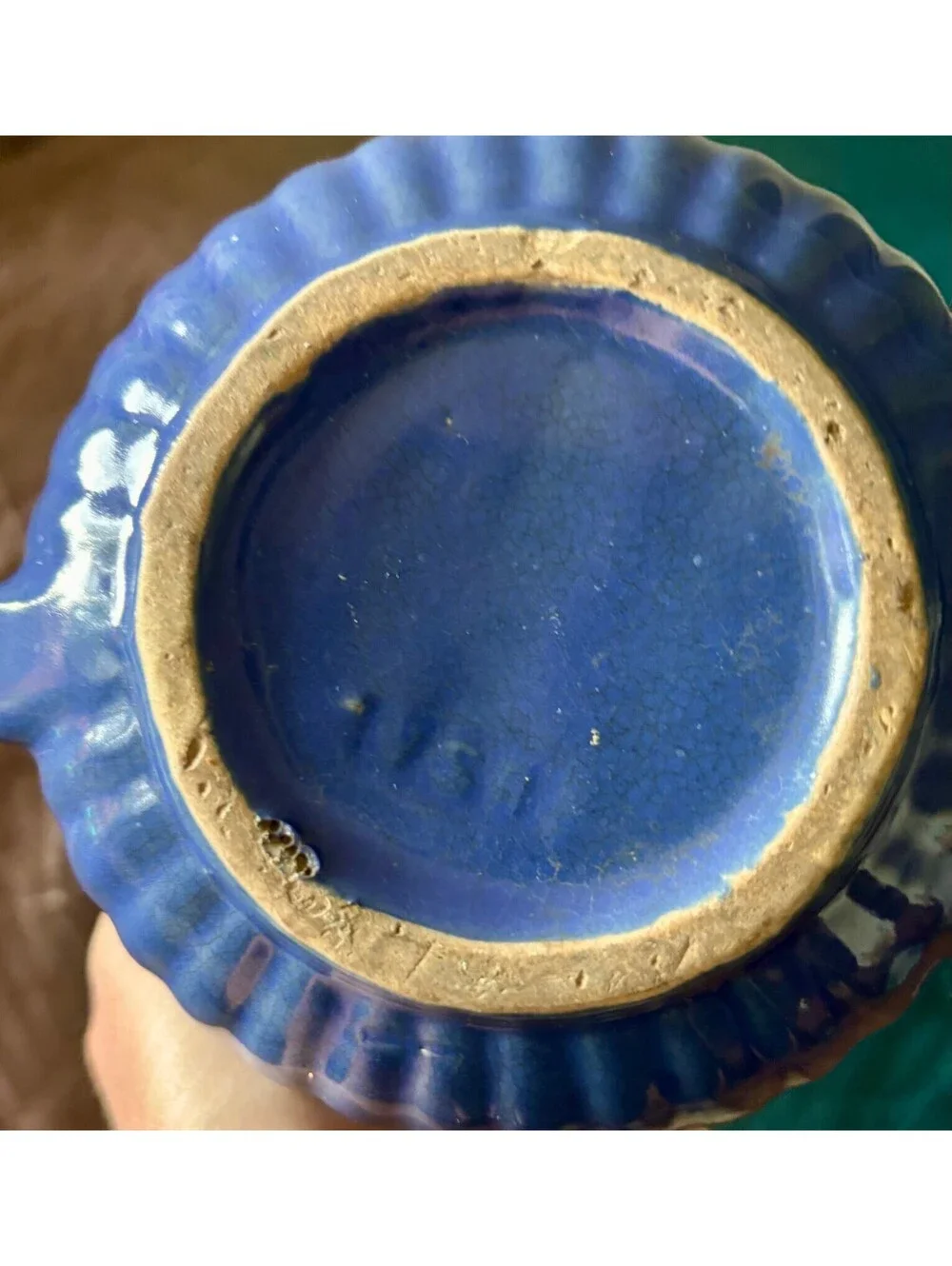Vintage Cobalt Blue Pottery Creamer Pitcher Ribbed Ceramic Farmhouse